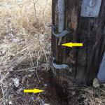 The grounding electrode conductor (GEC), as indicated by the top arrow, should have connected to the ground rod at lower arrow. This is at a utility power pole transformer. The grounded conductor (neutral) of the service drop was live! Very dangerous for utility workers.